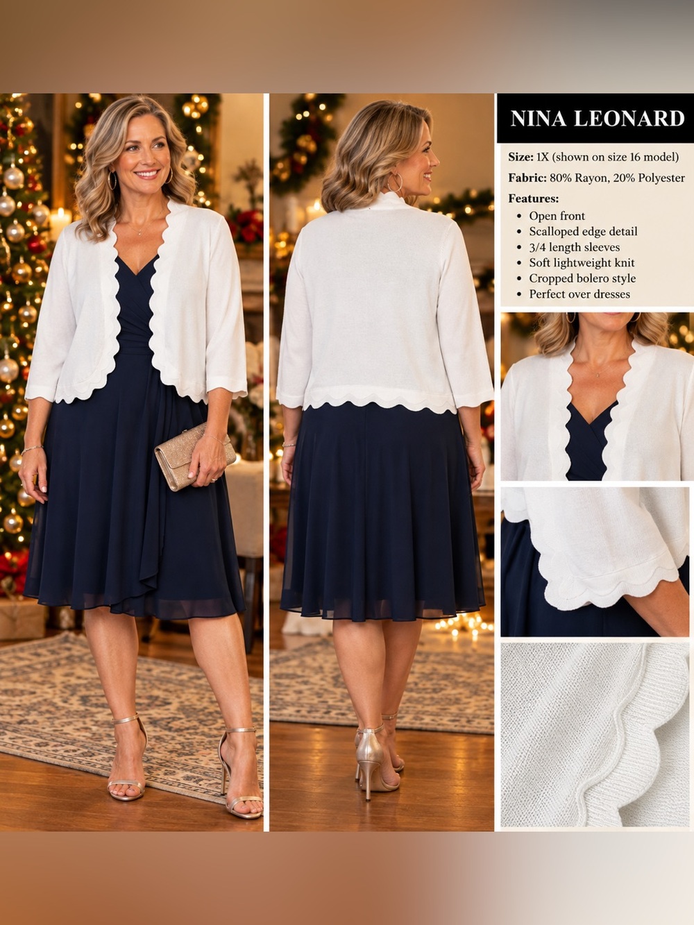 Nina Leonard Cream Scalloped Open-Front Cropped Bolero